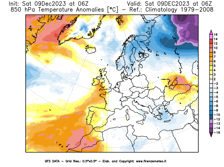 GFS analysi map - Temperature Anomalies at 850 hPa in Europe
									on December 9, 2023 H06