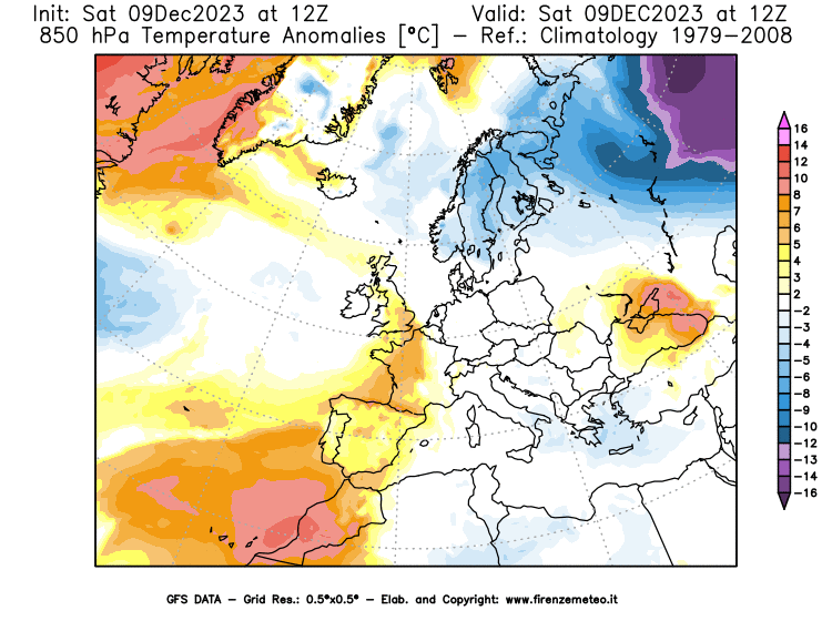 GFS analysi map - Temperature Anomalies at 850 hPa in Europe
									on December 9, 2023 H12