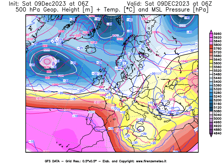 GFS analysi map - Geopotential + Temp. at 500 hPa + Sea Level Pressure in Europe
									on December 9, 2023 H06