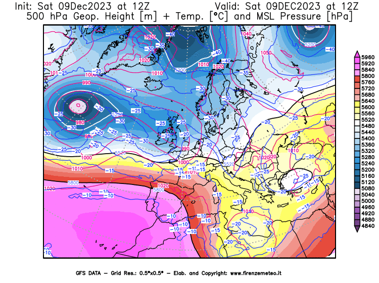 GFS analysi map - Geopotential + Temp. at 500 hPa + Sea Level Pressure in Europe
									on December 9, 2023 H12