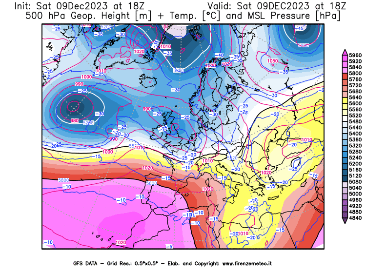 GFS analysi map - Geopotential + Temp. at 500 hPa + Sea Level Pressure in Europe
									on December 9, 2023 H18