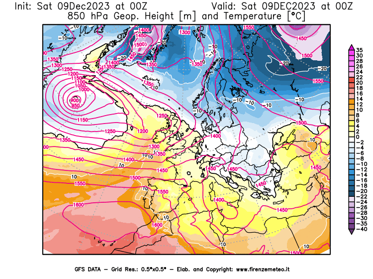 GFS analysi map - Geopotential and Temperature at 850 hPa in Europe
									on December 9, 2023 H00