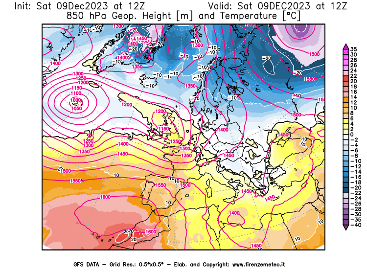 GFS analysi map - Geopotential and Temperature at 850 hPa in Europe
									on December 9, 2023 H12