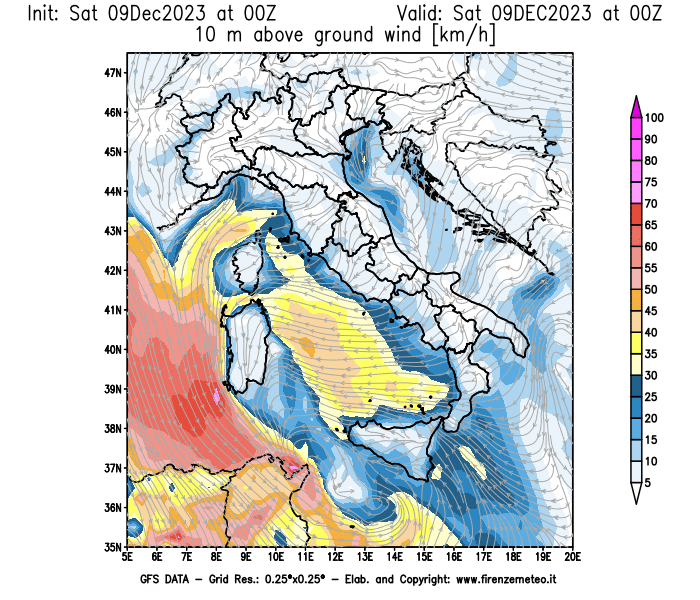 GFS analysi map - Wind Speed at 10 m above ground in Italy
									on December 9, 2023 H00