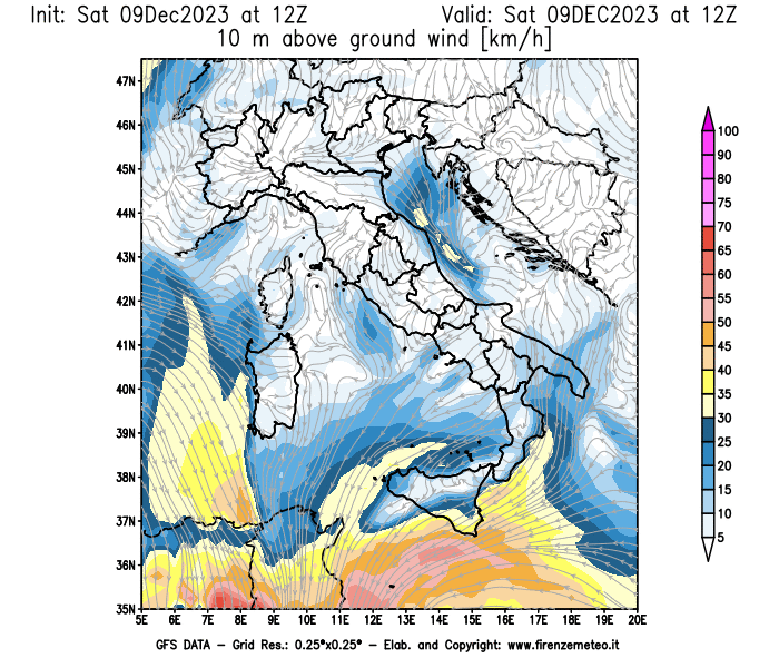 GFS analysi map - Wind Speed at 10 m above ground in Italy
									on December 9, 2023 H12