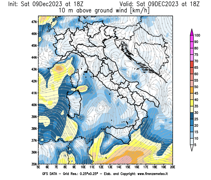 GFS analysi map - Wind Speed at 10 m above ground in Italy
									on December 9, 2023 H18
