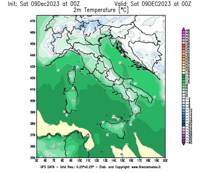 GFS analysi map - Temperature at 2 m above ground in Italy
									on December 9, 2023 H00