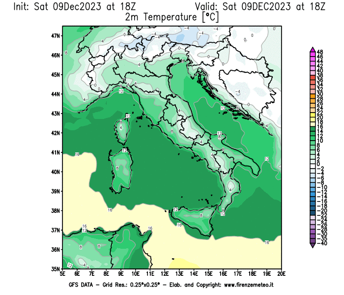 GFS analysi map - Temperature at 2 m above ground in Italy
									on December 9, 2023 H18