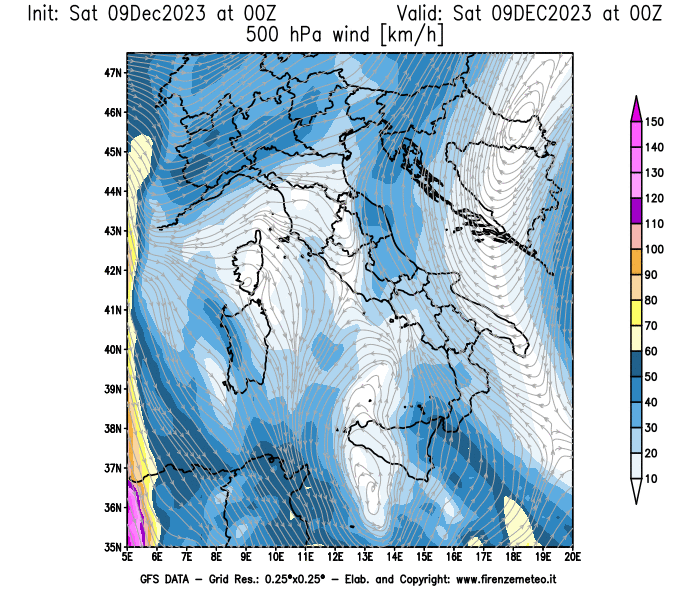 GFS analysi map - Wind Speed at 500 hPa in Italy
									on December 9, 2023 H00