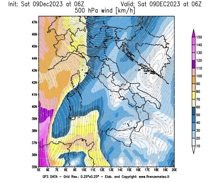 GFS analysi map - Wind Speed at 500 hPa in Italy
									on December 9, 2023 H06