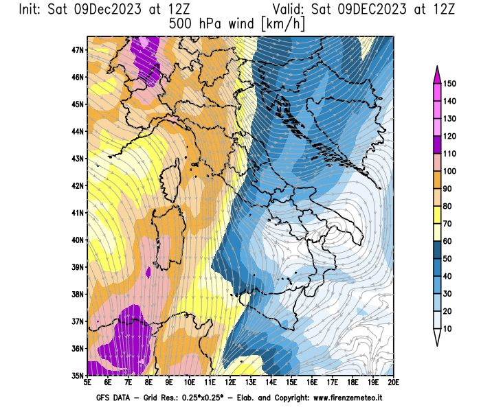 GFS analysi map - Wind Speed at 500 hPa in Italy
									on December 9, 2023 H12