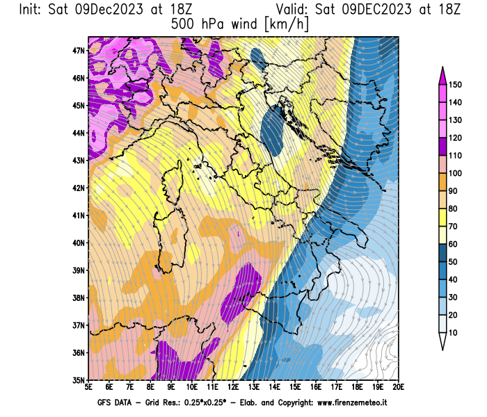 GFS analysi map - Wind Speed at 500 hPa in Italy
									on December 9, 2023 H18