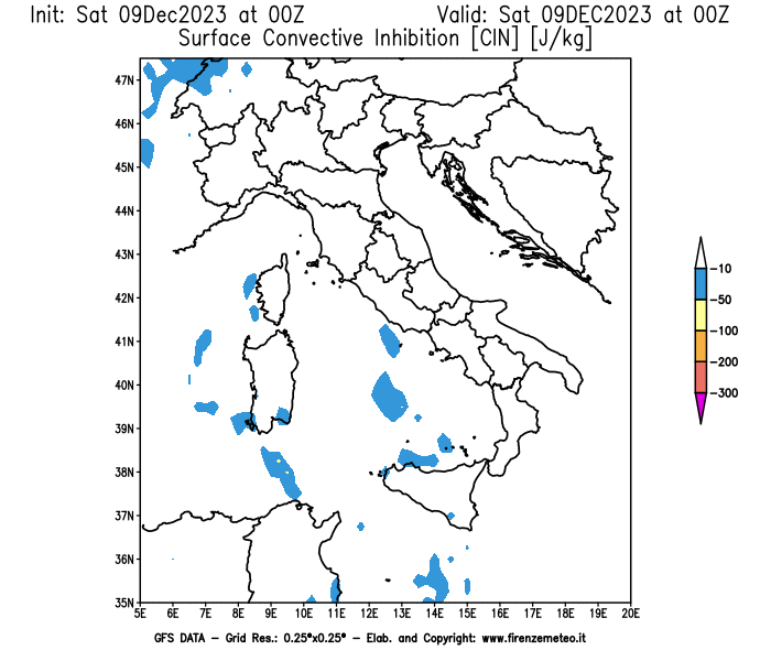 GFS analysi map - CIN in Italy
									on December 9, 2023 H00