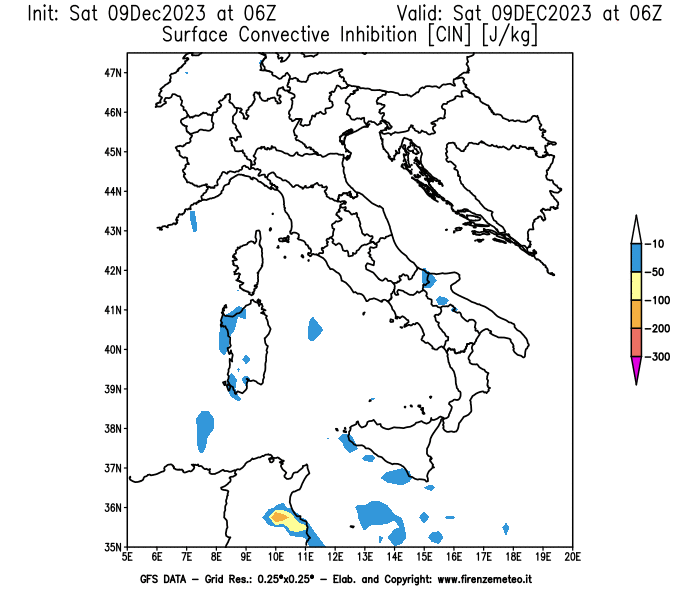 GFS analysi map - CIN in Italy
									on December 9, 2023 H06