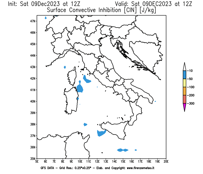 GFS analysi map - CIN in Italy
									on December 9, 2023 H12