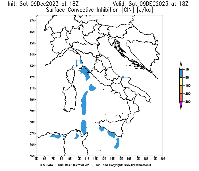 GFS analysi map - CIN in Italy
									on December 9, 2023 H18