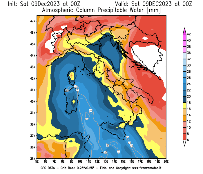 GFS analysi map - Precipitable Water in Italy
									on December 9, 2023 H00