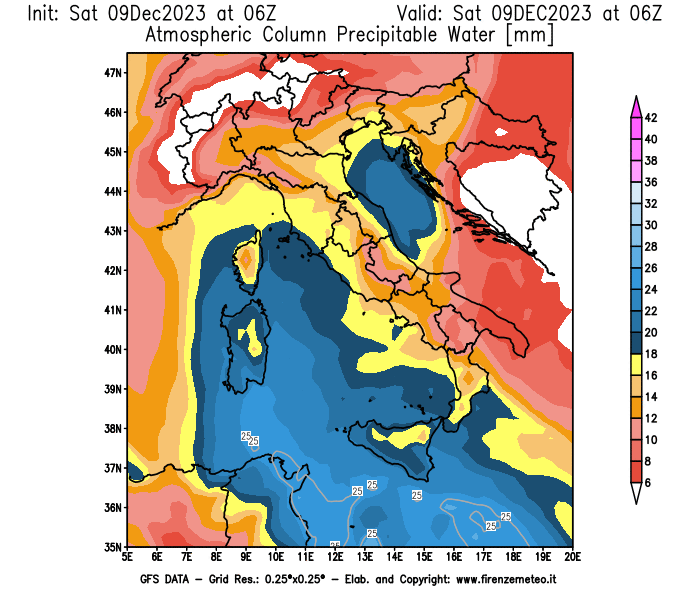 GFS analysi map - Precipitable Water in Italy
									on December 9, 2023 H06