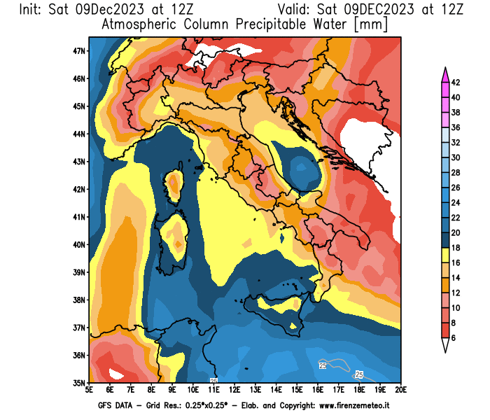 GFS analysi map - Precipitable Water in Italy
									on December 9, 2023 H12