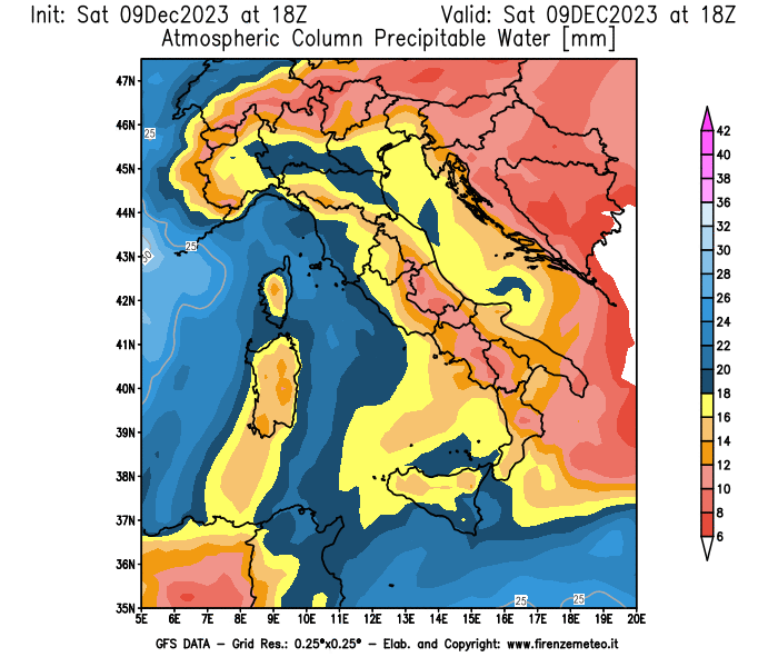 GFS analysi map - Precipitable Water in Italy
									on December 9, 2023 H18