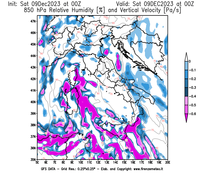 GFS analysi map - Relative Umidity and Omega at 850 hPa in Italy
									on December 9, 2023 H00