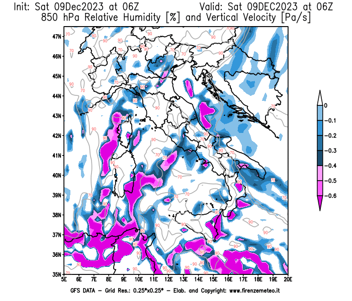 GFS analysi map - Relative Umidity and Omega at 850 hPa in Italy
									on December 9, 2023 H06