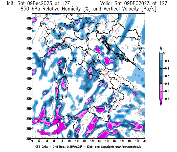 GFS analysi map - Relative Umidity and Omega at 850 hPa in Italy
									on December 9, 2023 H12