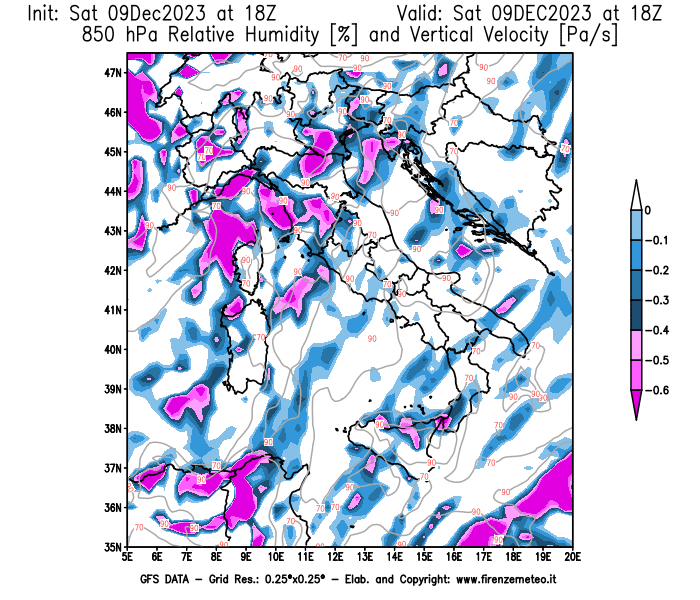 GFS analysi map - Relative Umidity and Omega at 850 hPa in Italy
									on December 9, 2023 H18