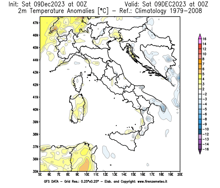 GFS analysi map - Temperature Anomalies at 2 m in Italy
									on December 9, 2023 H00