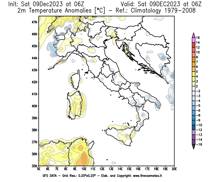GFS analysi map - Temperature Anomalies at 2 m in Italy
									on December 9, 2023 H06