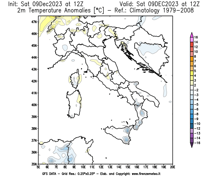 GFS analysi map - Temperature Anomalies at 2 m in Italy
									on December 9, 2023 H12