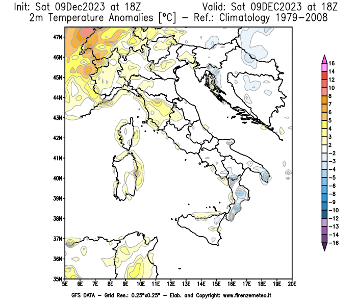 GFS analysi map - Temperature Anomalies at 2 m in Italy
									on December 9, 2023 H18