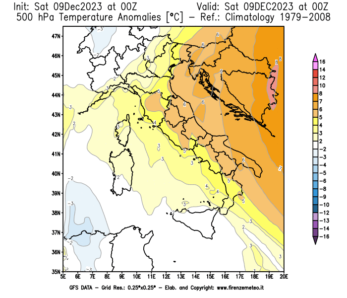 GFS analysi map - Temperature Anomalies at 500 hPa in Italy
									on December 9, 2023 H00