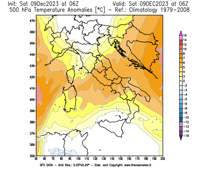 GFS analysi map - Temperature Anomalies at 500 hPa in Italy
									on December 9, 2023 H06