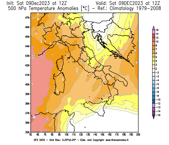 GFS analysi map - Temperature Anomalies at 500 hPa in Italy
									on December 9, 2023 H12