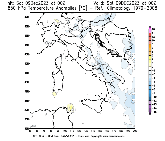 GFS analysi map - Temperature Anomalies at 850 hPa in Italy
									on December 9, 2023 H00