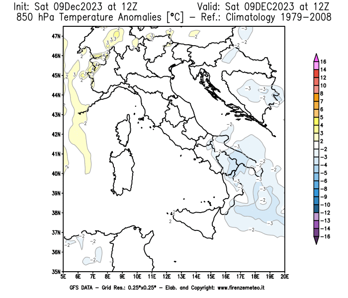 GFS analysi map - Temperature Anomalies at 850 hPa in Italy
									on December 9, 2023 H12