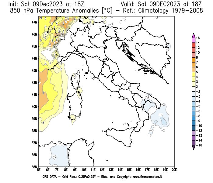 GFS analysi map - Temperature Anomalies at 850 hPa in Italy
									on December 9, 2023 H18