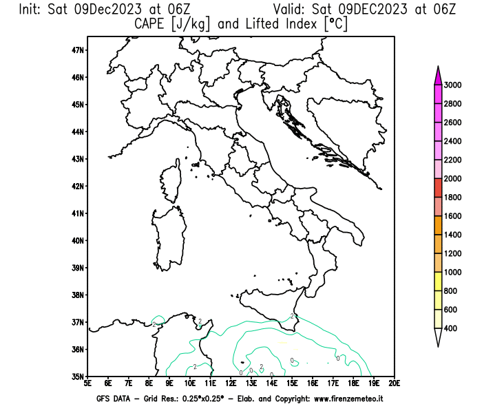 GFS analysi map - CAPE and Lifted Index in Italy
									on December 9, 2023 H06