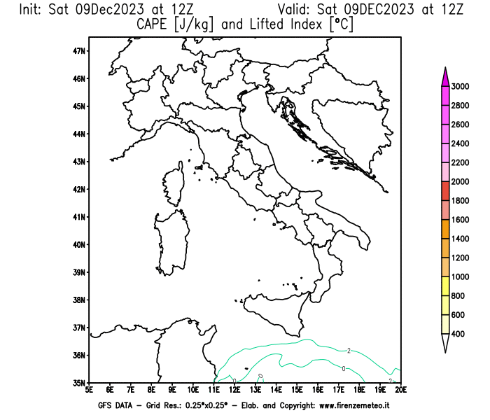 GFS analysi map - CAPE and Lifted Index in Italy
									on December 9, 2023 H12
