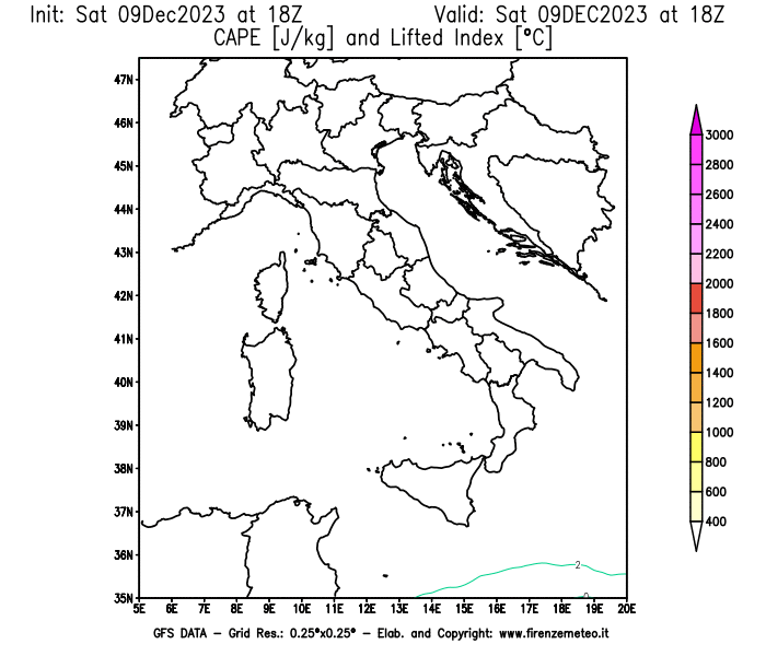 GFS analysi map - CAPE and Lifted Index in Italy
									on December 9, 2023 H18