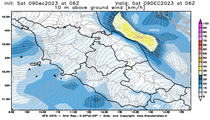 GFS analysi map - Wind Speed at 10 m above ground in Central Italy
									on December 9, 2023 H06