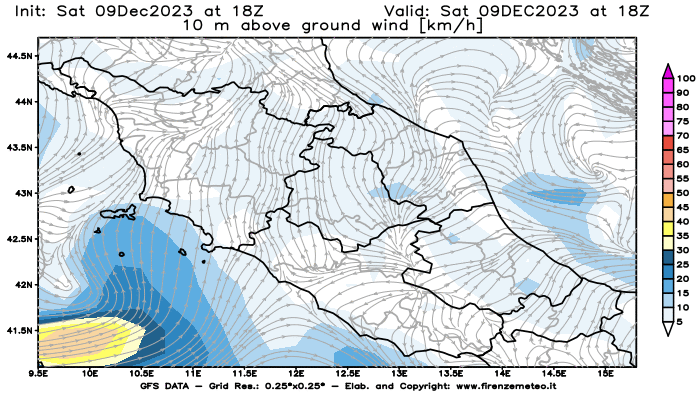 GFS analysi map - Wind Speed at 10 m above ground in Central Italy
									on December 9, 2023 H18