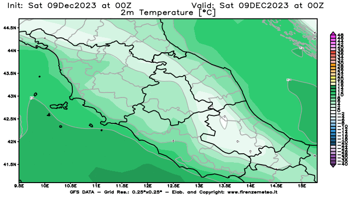 GFS analysi map - Temperature at 2 m above ground in Central Italy
									on December 9, 2023 H00