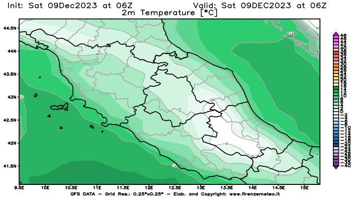 GFS analysi map - Temperature at 2 m above ground in Central Italy
									on December 9, 2023 H06