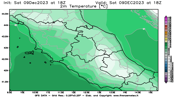 GFS analysi map - Temperature at 2 m above ground in Central Italy
									on December 9, 2023 H18