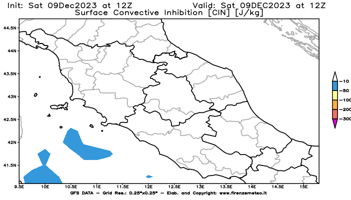 GFS analysi map - CIN in Central Italy
									on December 9, 2023 H12