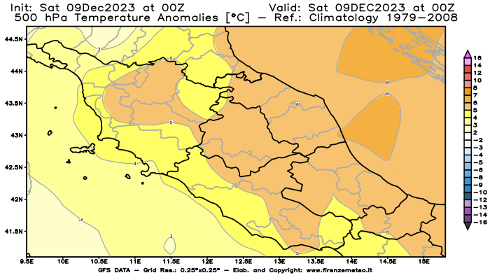 GFS analysi map - Temperature Anomalies at 500 hPa in Central Italy
									on December 9, 2023 H00