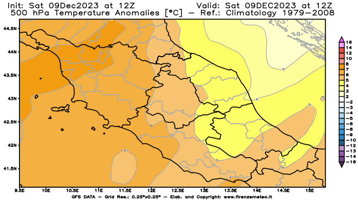 GFS analysi map - Temperature Anomalies at 500 hPa in Central Italy
									on December 9, 2023 H12