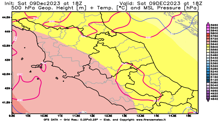GFS analysi map - Geopotential + Temp. at 500 hPa + Sea Level Pressure in Central Italy
									on December 9, 2023 H18